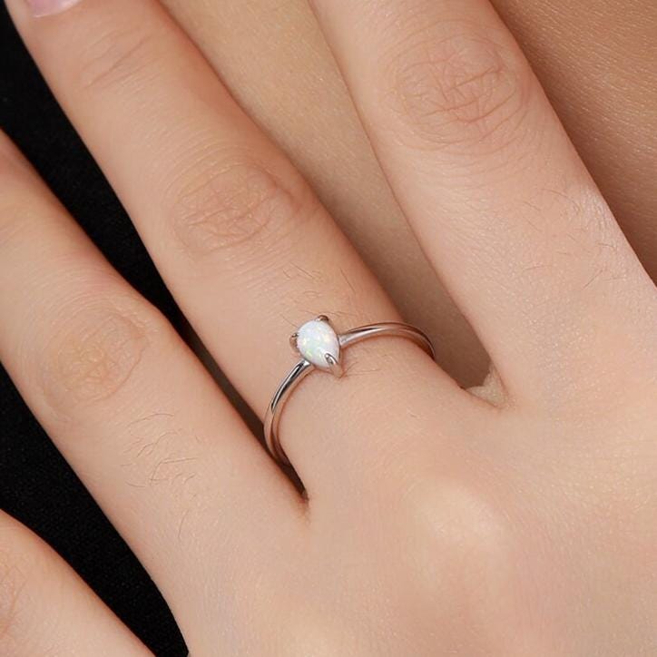 Fire Opal Droplet Ring in Sterling Silver, US 5 - 8, 4x6mm, Prong Set, Lab Opal Stone Ring, White Opal Ring