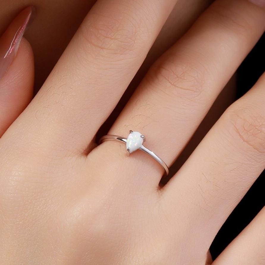Fire Opal Droplet Ring in Sterling Silver, US 5 - 8, 4x6mm, Prong Set, Lab Opal Stone Ring, White Opal Ring