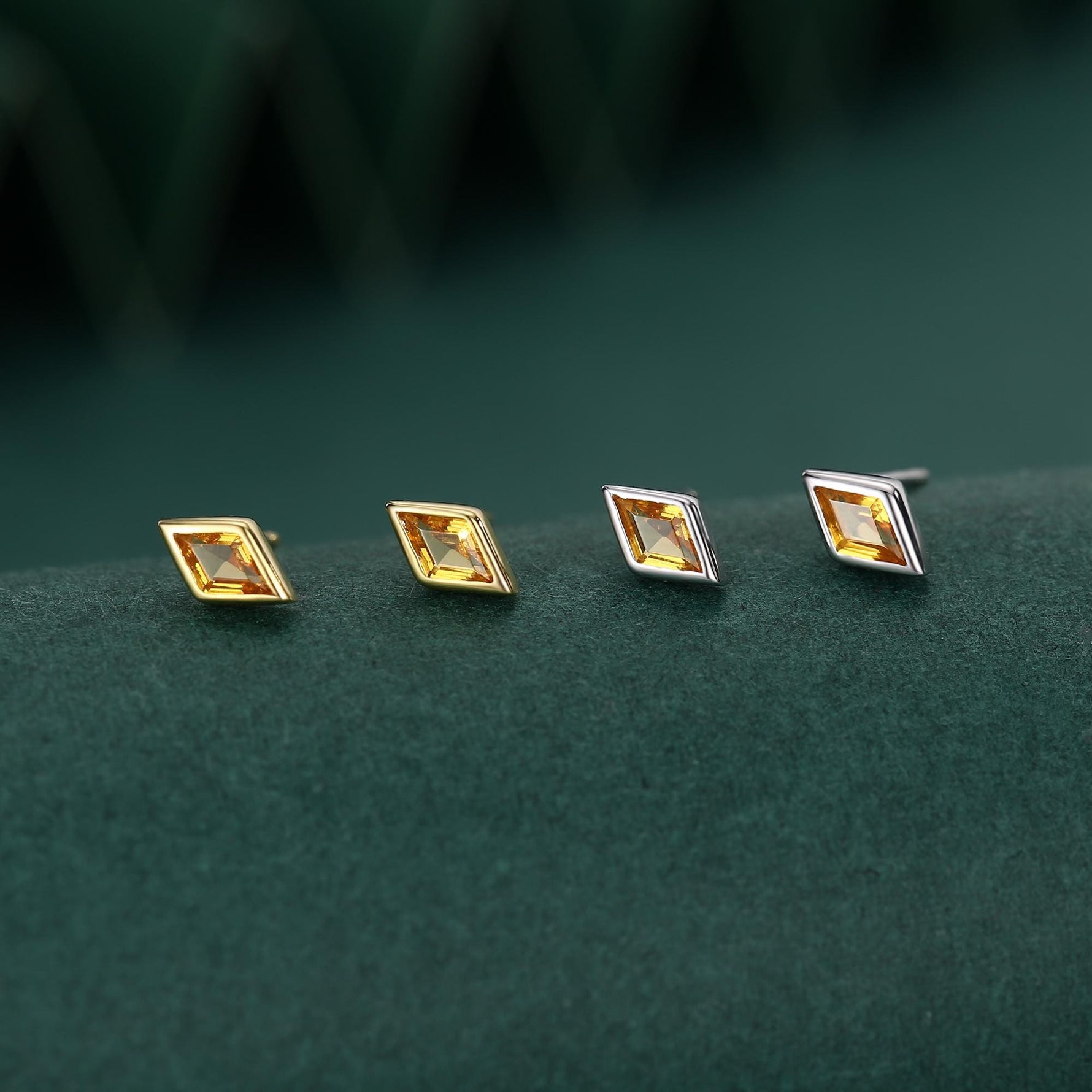 Sterling Silver Citrine Yellow CZ Rhombus Stud Earrings