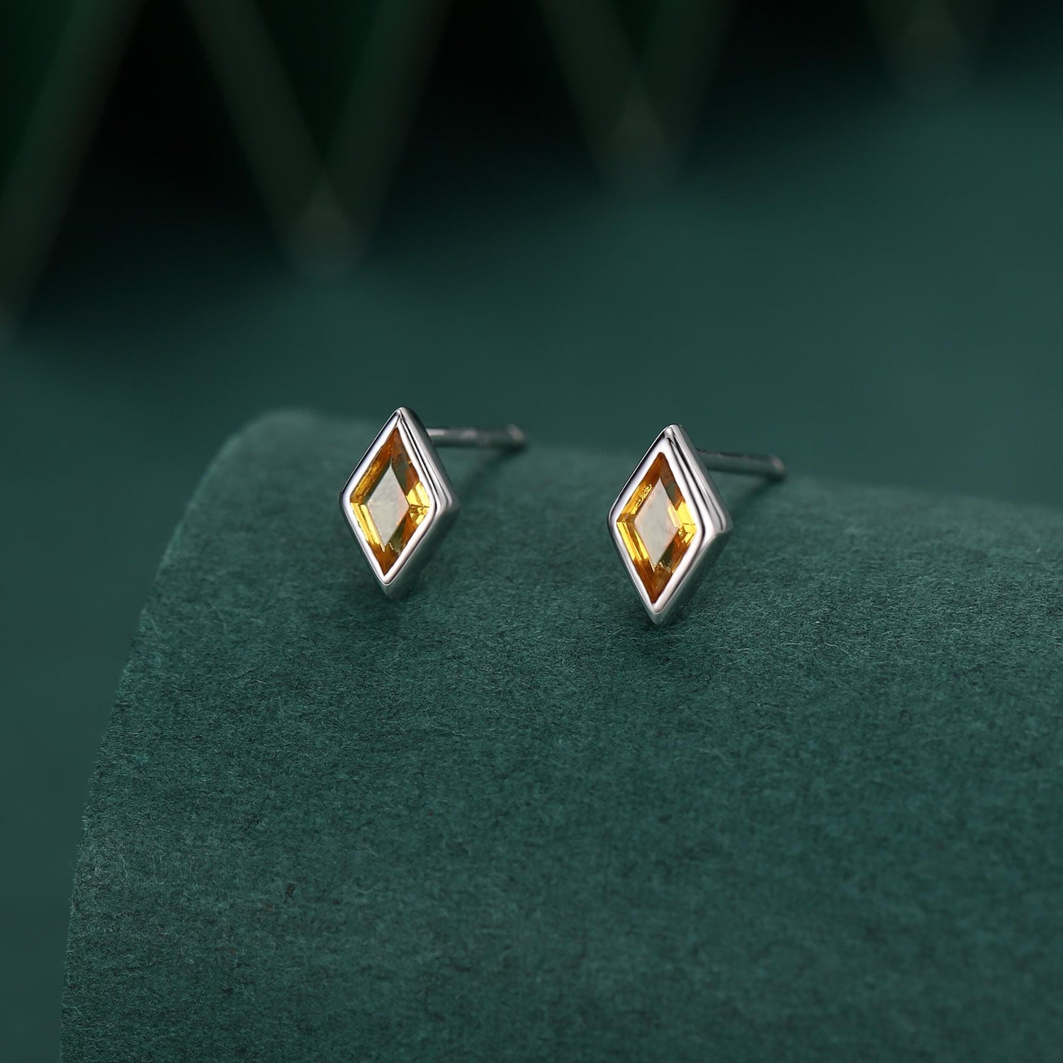 Sterling Silver Citrine Yellow CZ Rhombus Stud Earrings