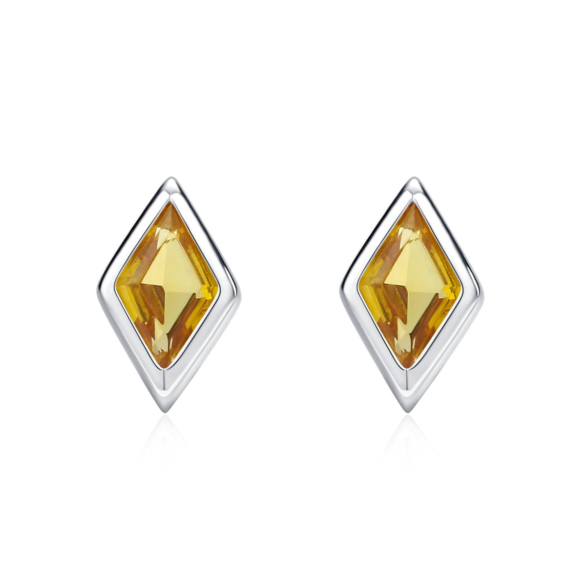 Sterling Silver Citrine Yellow CZ Rhombus Stud Earrings