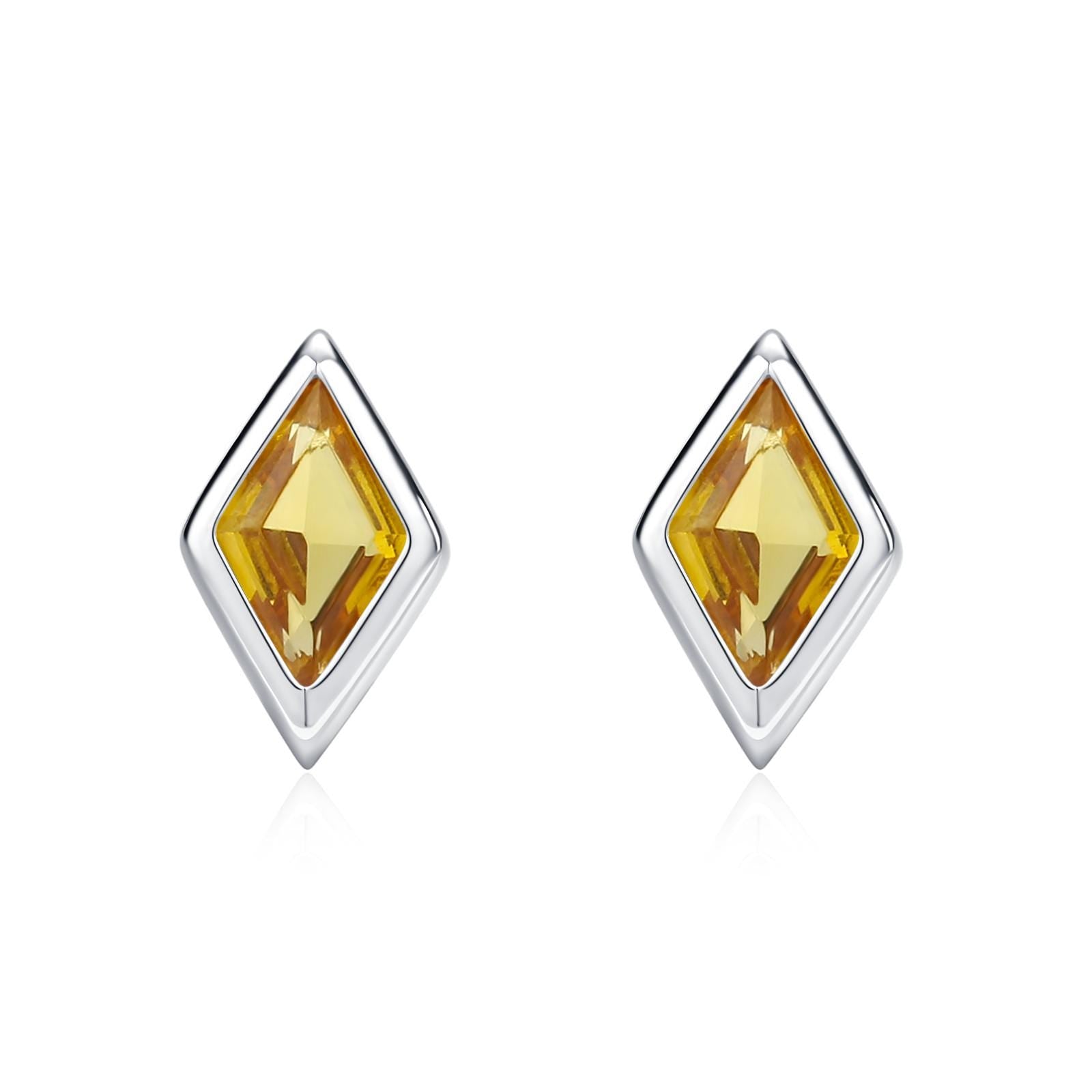 Sterling Silver Citrine Yellow CZ Rhombus Stud Earrings