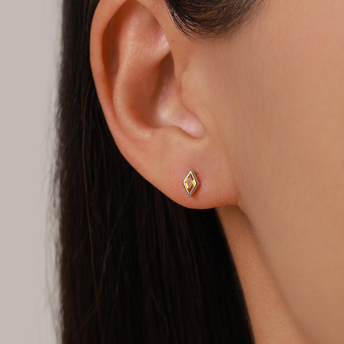 Sterling Silver Citrine Yellow CZ Rhombus Stud Earrings