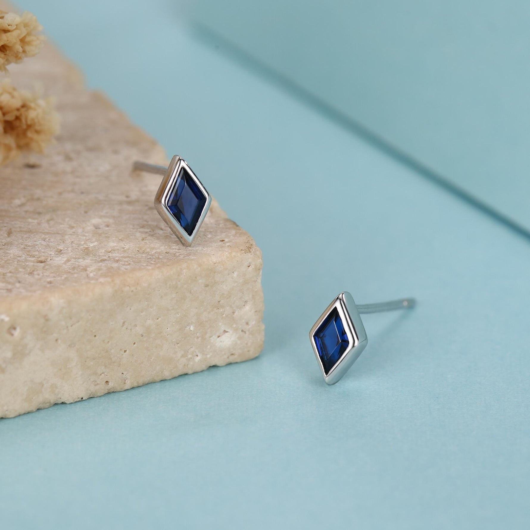 Sterling Silver Sapphire Blue CZ Rhombus Stud Earrings