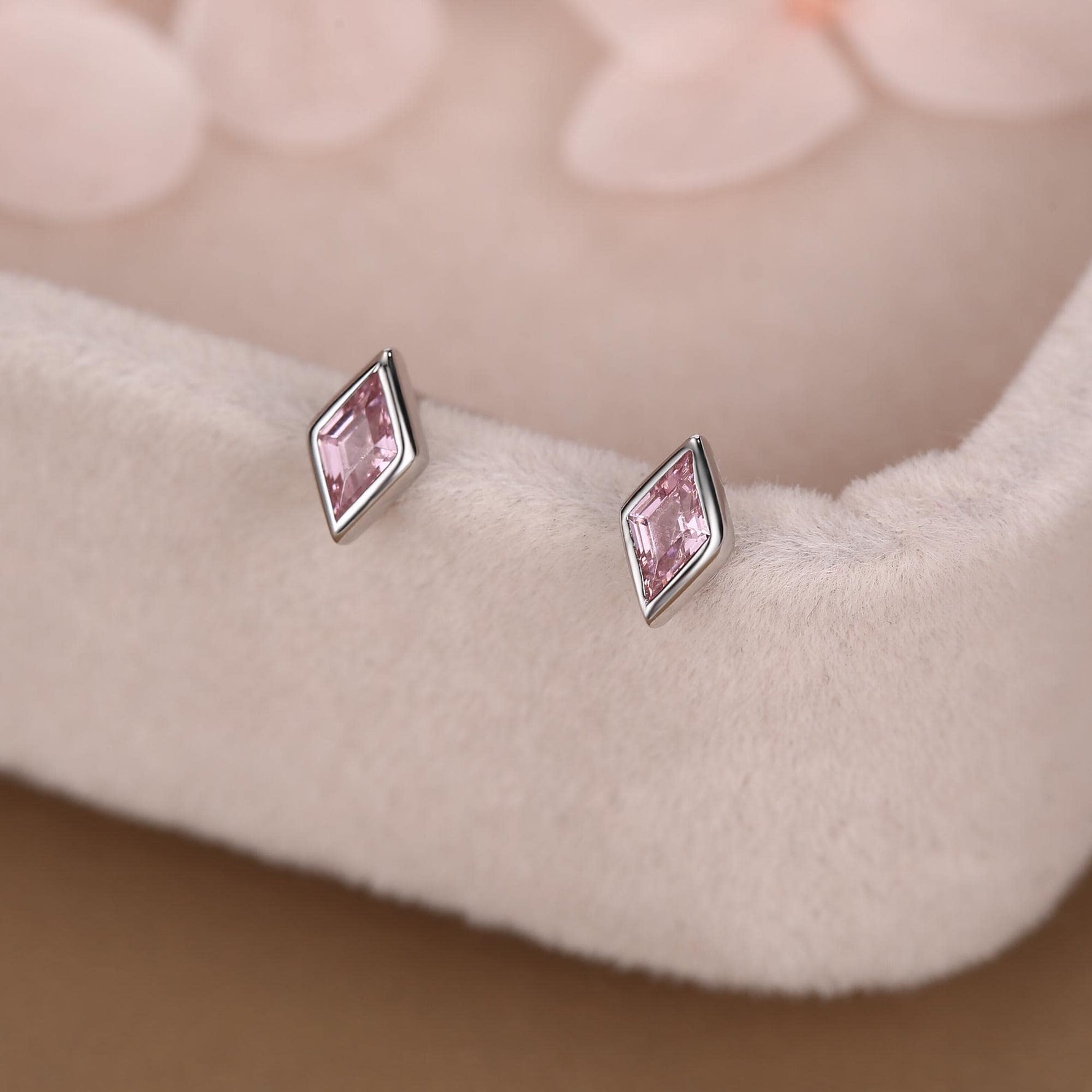 Sterling Silver Pink CZ Rhombus Stud Earrings