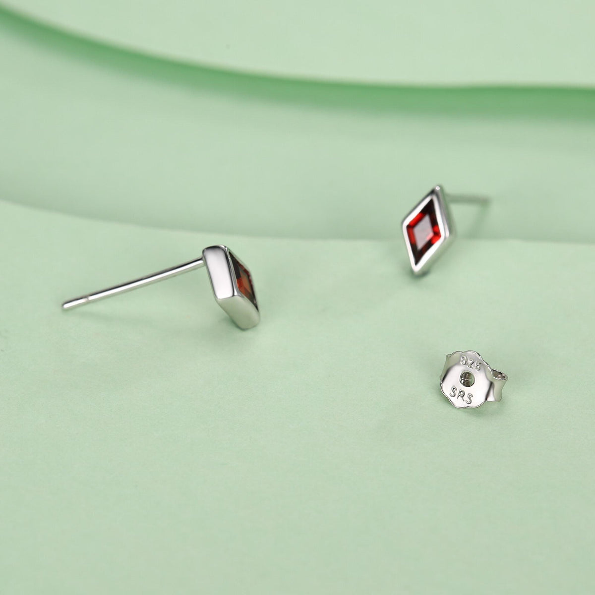 Sterling Silver Garnet Red CZ Rhombus Stud Earrings