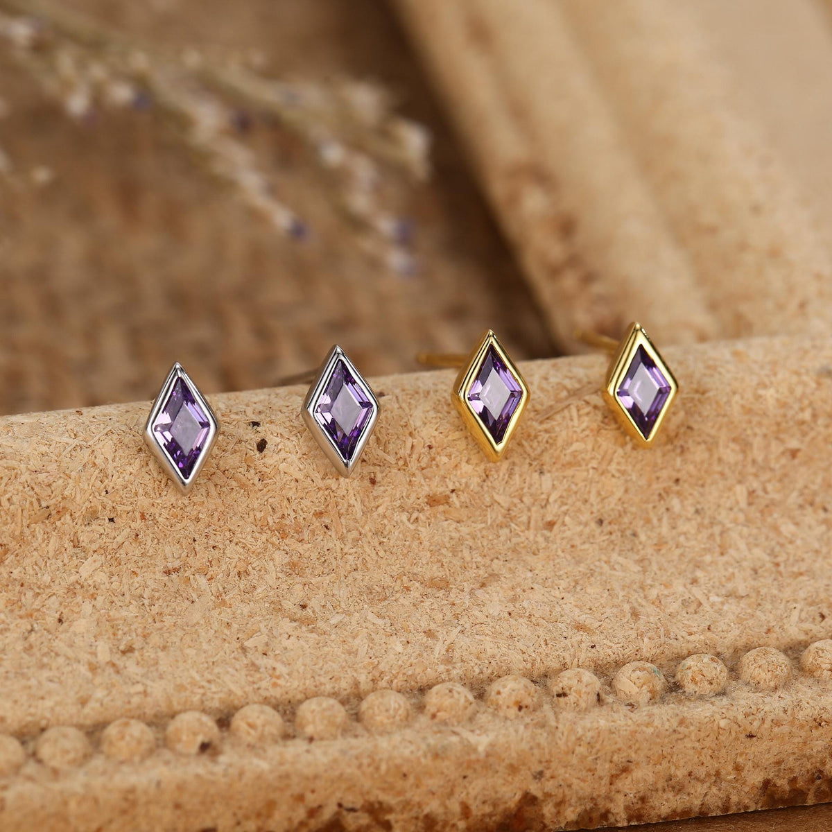 Sterling Silver Amethyst Purple CZ Rhombus Stud Earrings