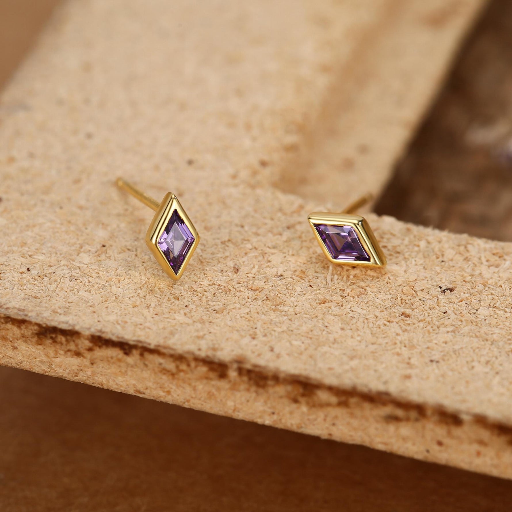 Sterling Silver Amethyst Purple CZ Rhombus Stud Earrings