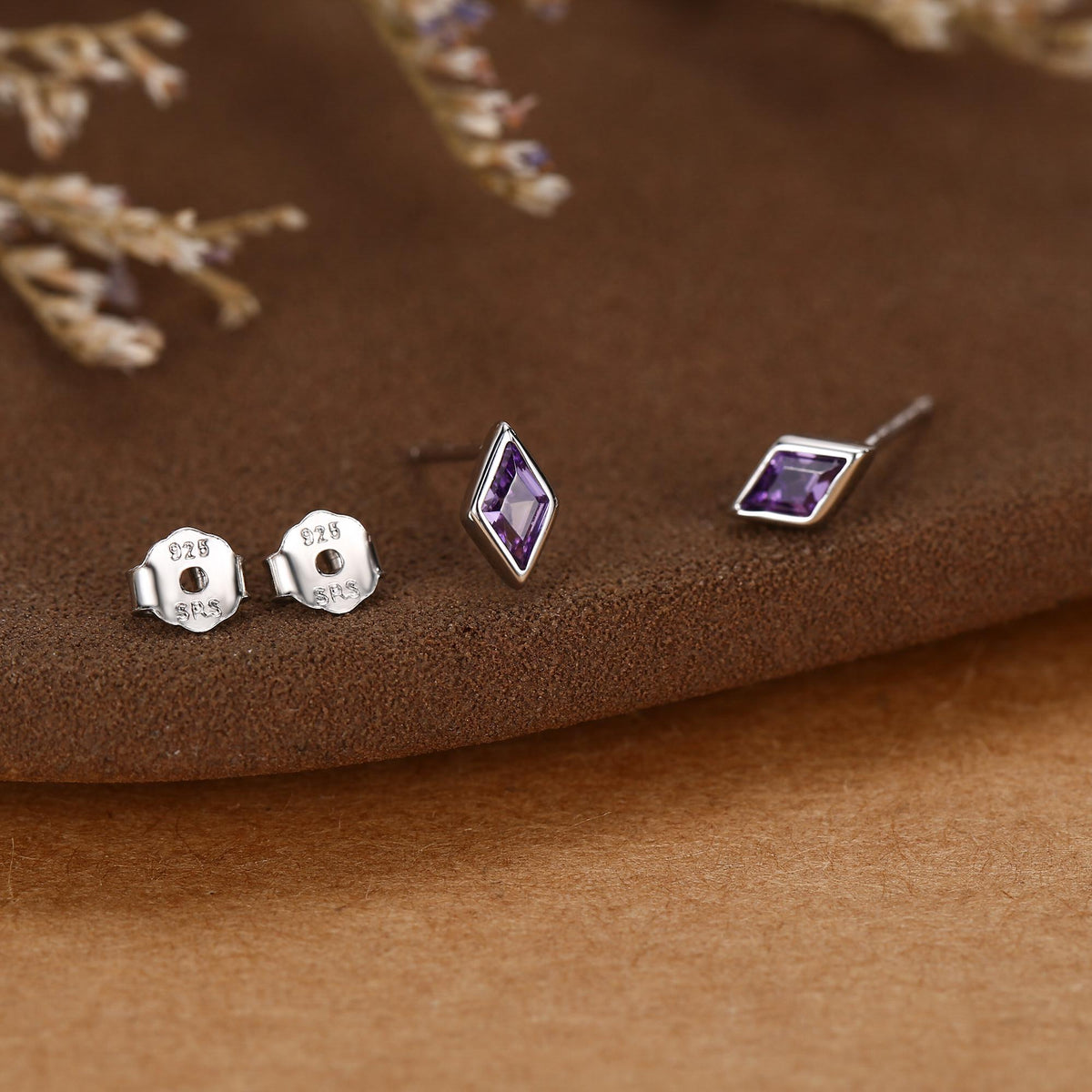 Sterling Silver Amethyst Purple CZ Rhombus Stud Earrings