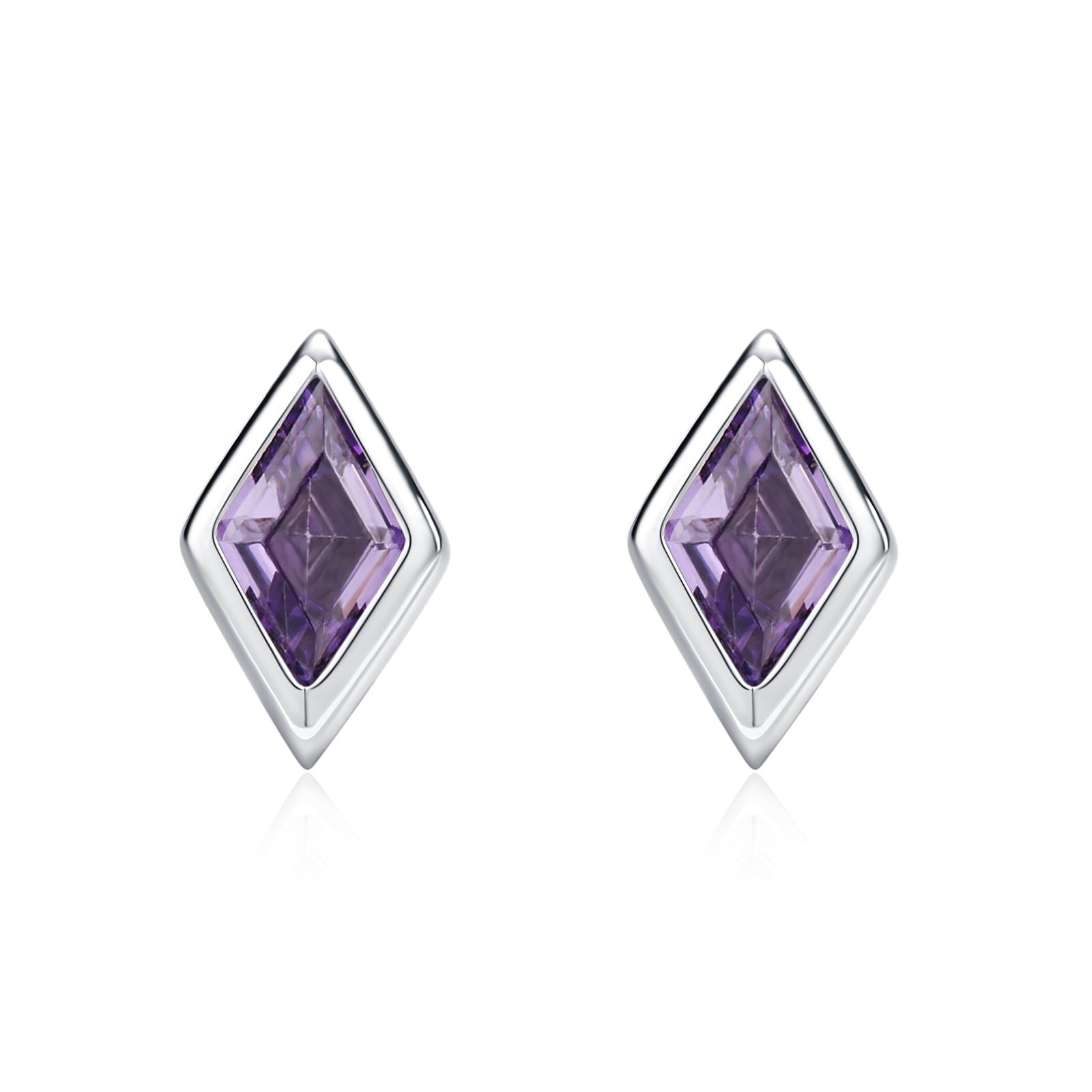 Sterling Silver Amethyst Purple CZ Rhombus Stud Earrings