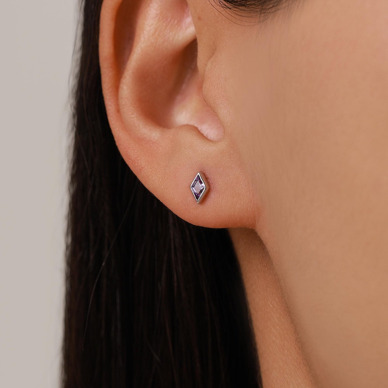 Sterling Silver Amethyst Purple CZ Rhombus Stud Earrings