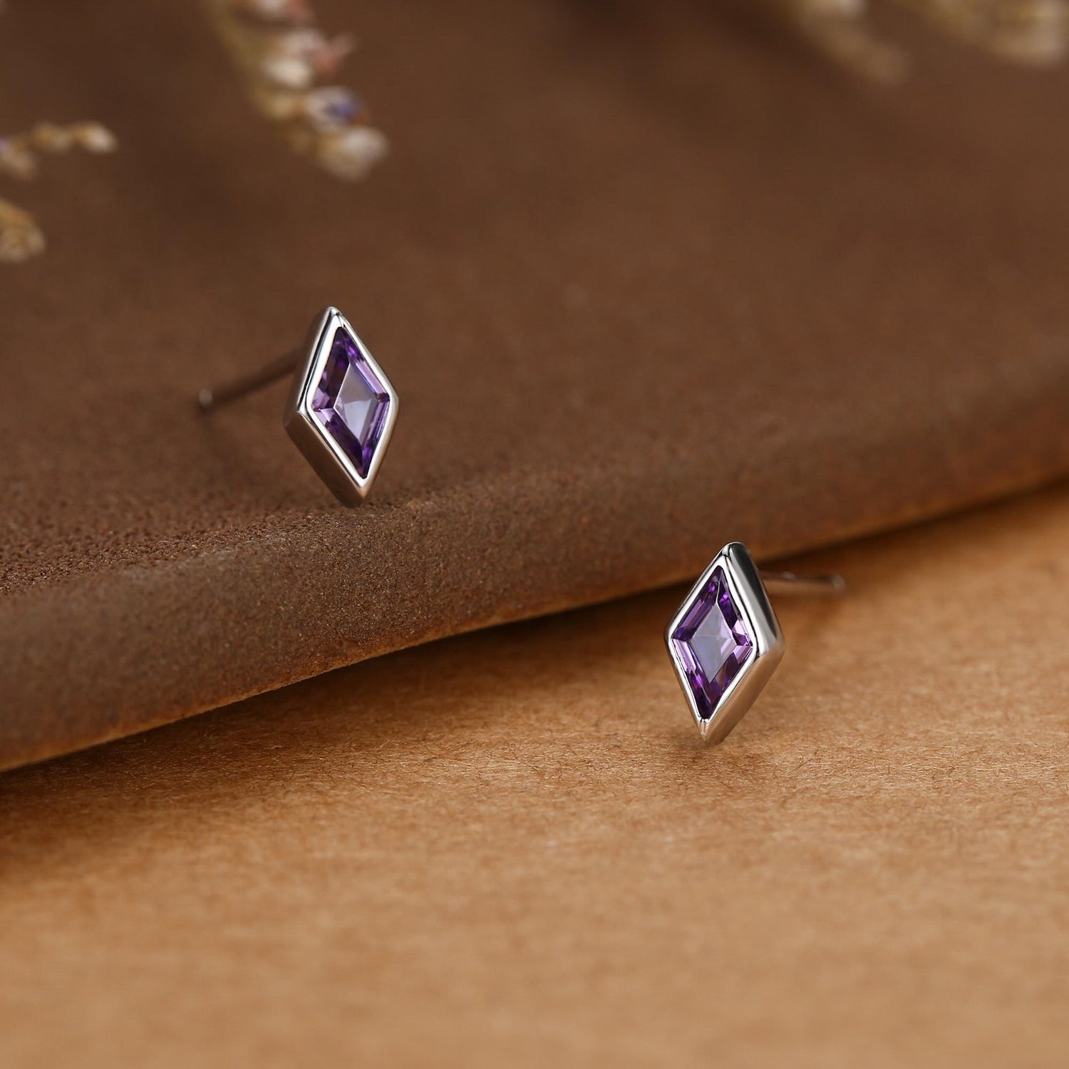 Sterling Silver Amethyst Purple CZ Rhombus Stud Earrings
