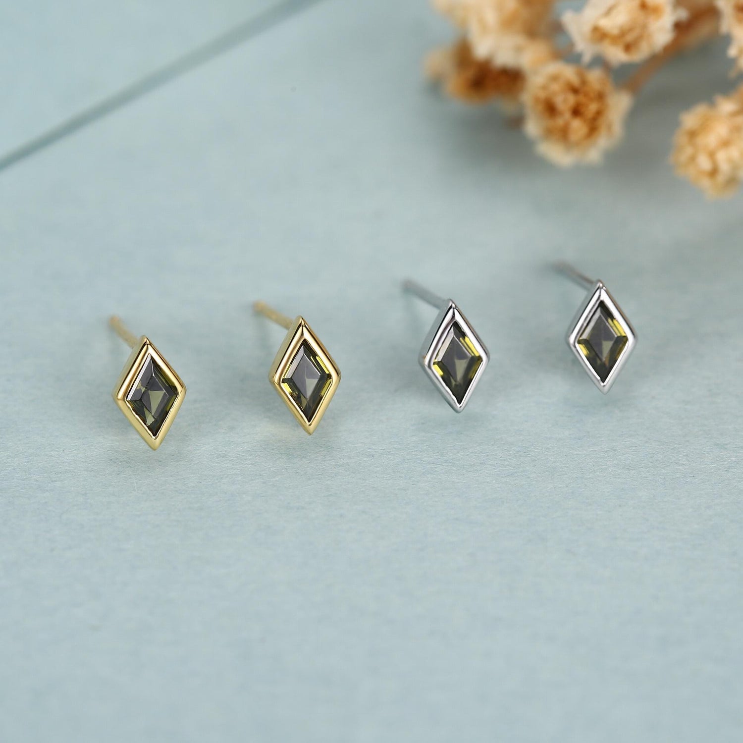 Sterling Silver Olive Green CZ Rhombus Stud Earrings