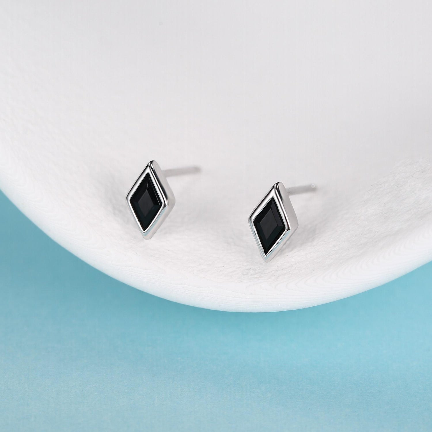 Sterling Silver Black CZ Rhombus Stud Earrings