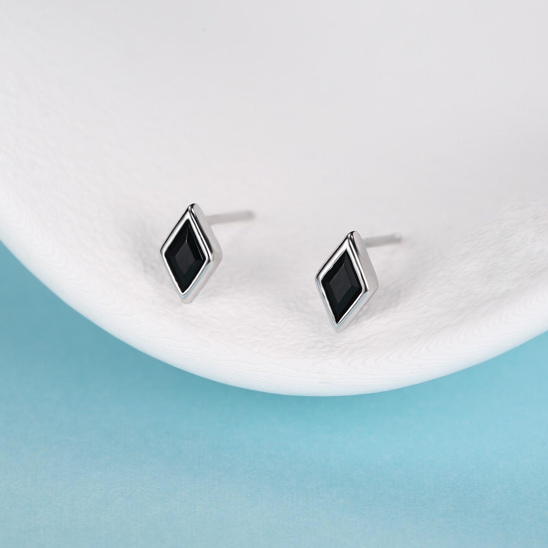 Sterling Silver Black CZ Rhombus Stud Earrings