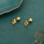 Sterling Silver Citrine CZ 18G Screw Back Rhombus Stud Earrings with Ball Backs