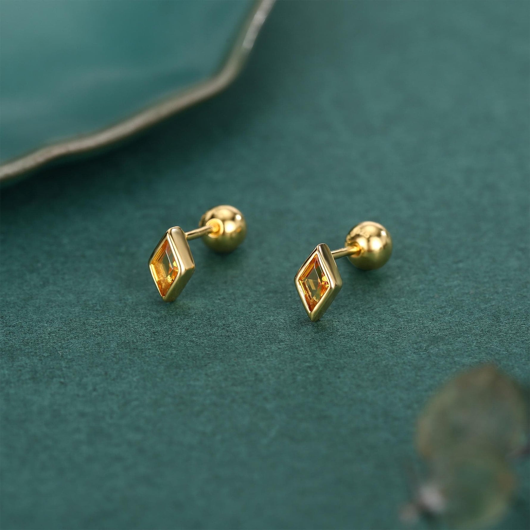 Sterling Silver Citrine CZ 18G Screw Back Rhombus Stud Earrings with Ball Backs