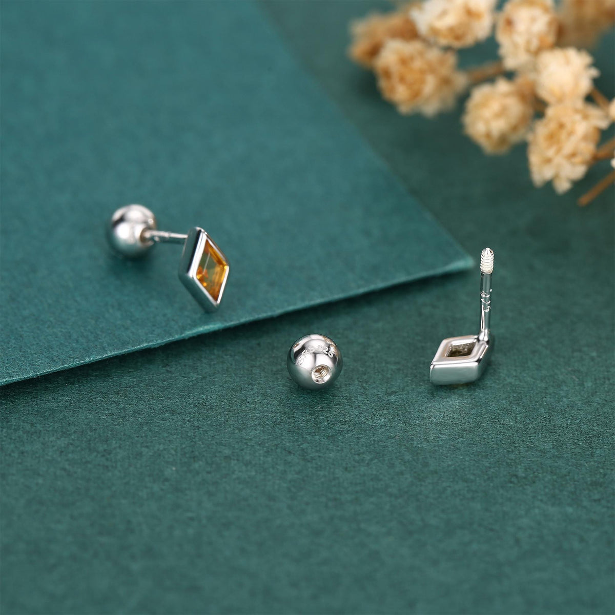 Sterling Silver Citrine CZ 18G Screw Back Rhombus Stud Earrings with Ball Backs