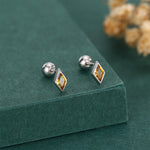 Sterling Silver Citrine CZ 18G Screw Back Rhombus Stud Earrings with Ball Backs