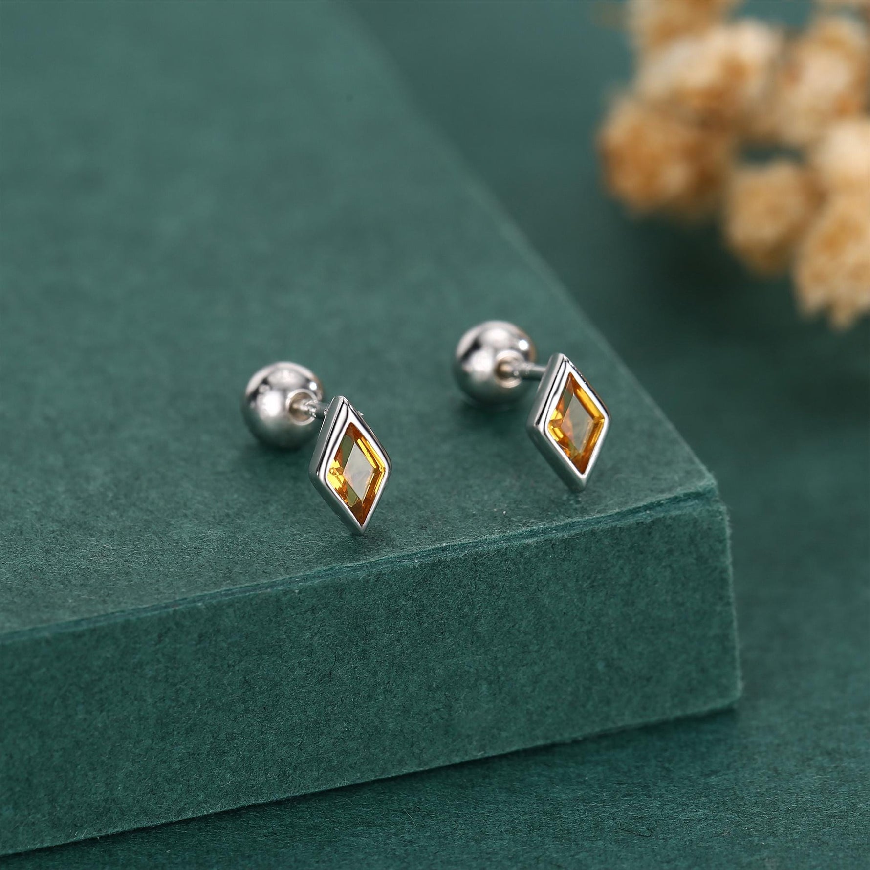 Sterling Silver Citrine CZ 18G Screw Back Rhombus Stud Earrings with Ball Backs