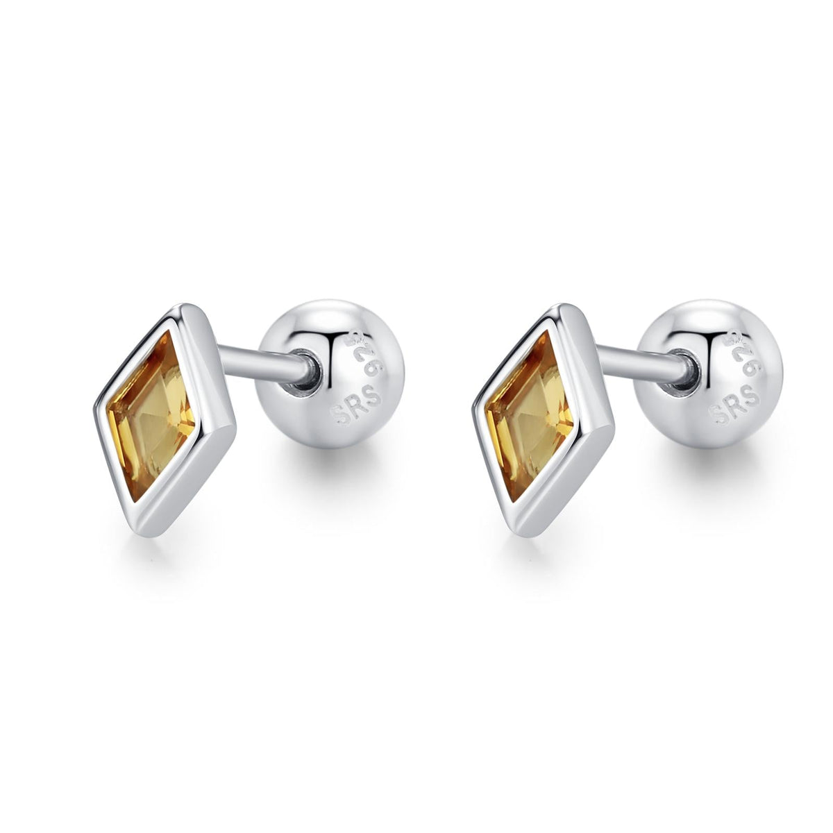Sterling Silver Citrine CZ 18G Screw Back Rhombus Stud Earrings with Ball Backs