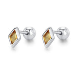 Sterling Silver Citrine CZ 18G Screw Back Rhombus Stud Earrings with Ball Backs