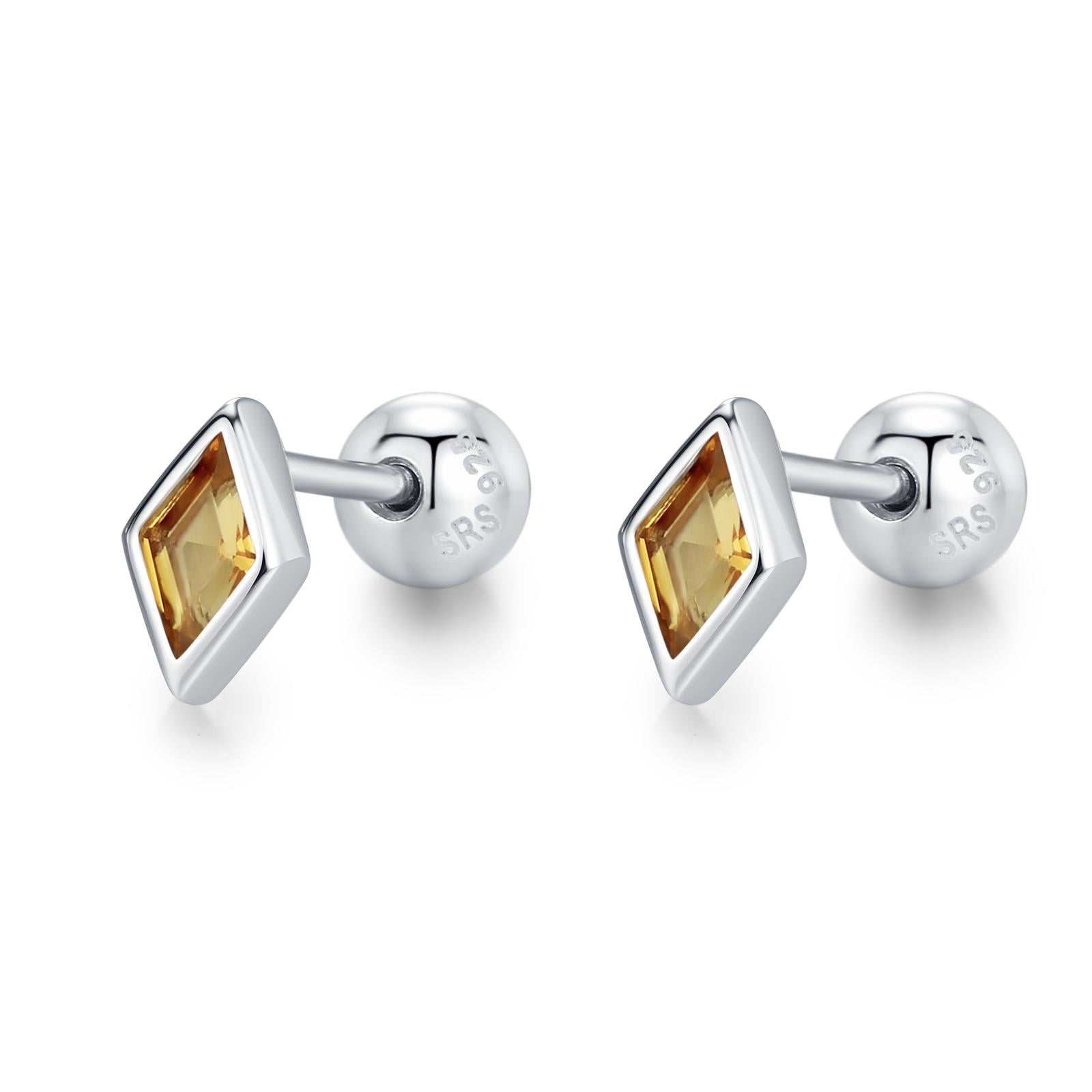 Sterling Silver Citrine CZ 18G Screw Back Rhombus Stud Earrings with Ball Backs