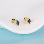 Sterling Silver Sapphire Blue CZ 18G Screw Back Rhombus Stud Earrings with Ball Backs
