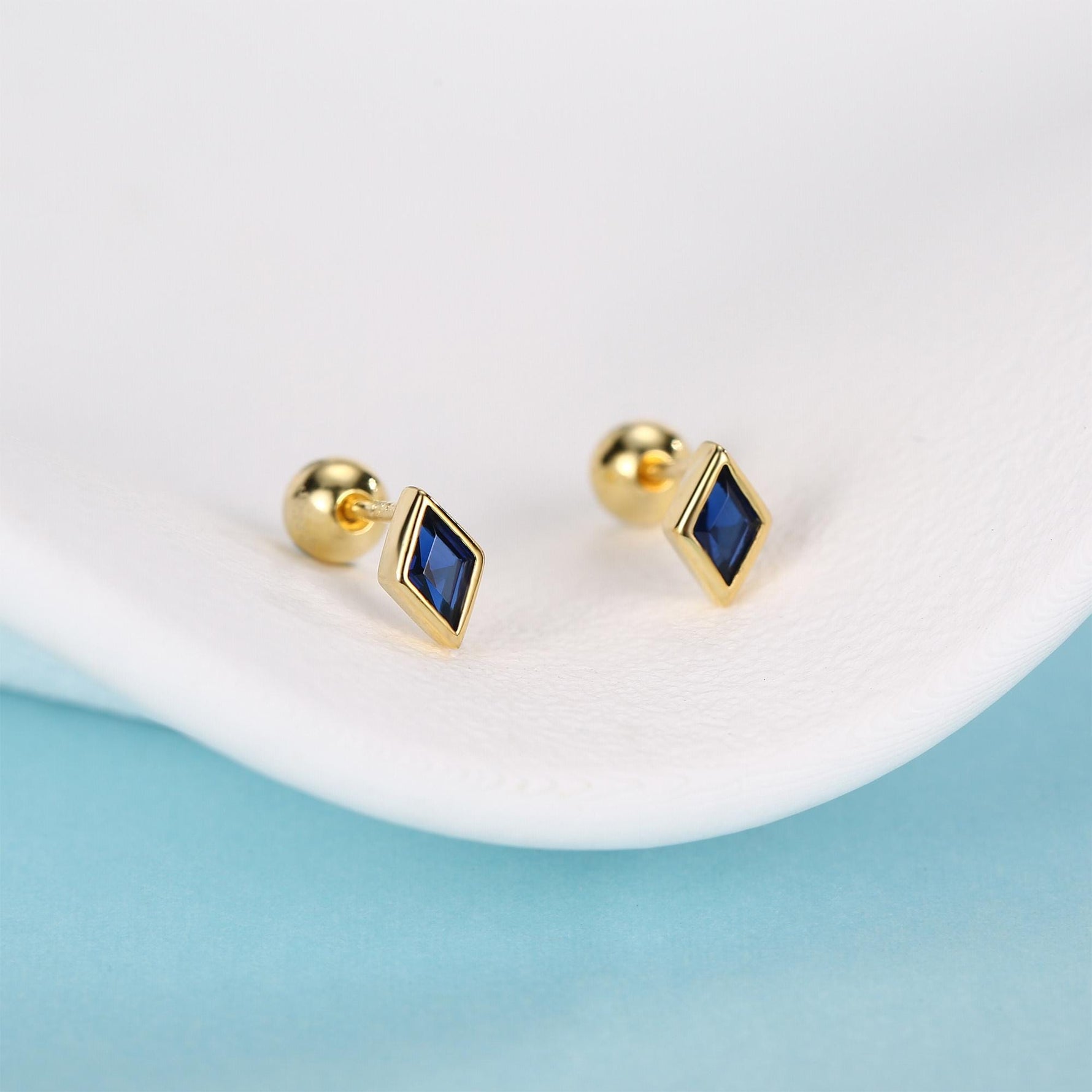 Sterling Silver Sapphire Blue CZ 18G Screw Back Rhombus Stud Earrings with Ball Backs