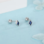 Sterling Silver Sapphire Blue CZ 18G Screw Back Rhombus Stud Earrings with Ball Backs