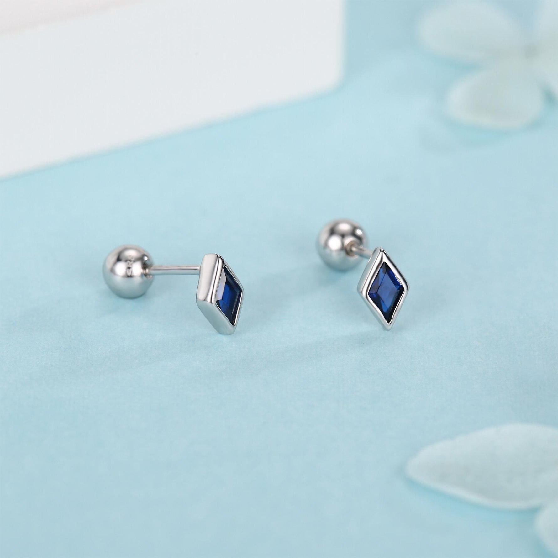 Sterling Silver Sapphire Blue CZ 18G Screw Back Rhombus Stud Earrings with Ball Backs