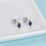 Sterling Silver Sapphire Blue CZ 18G Screw Back Rhombus Stud Earrings with Ball Backs