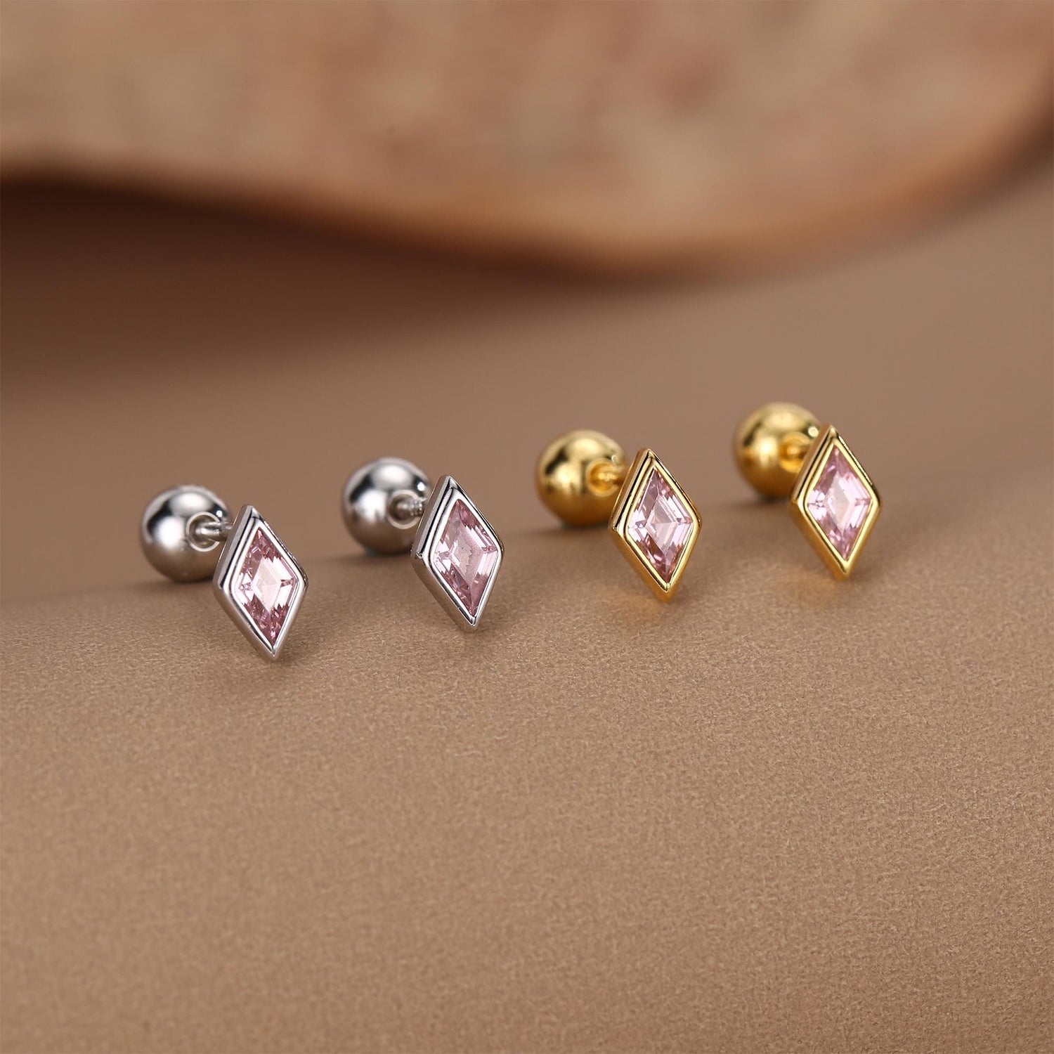 Sterling Silver Pink CZ 18G Screw Back Rhombus Stud Earrings with Ball Backs