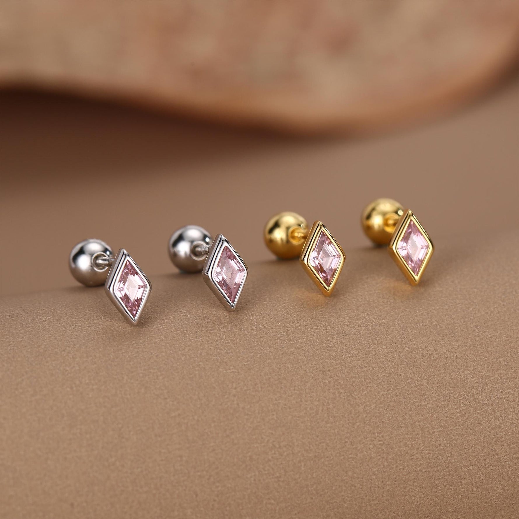 Sterling Silver Pink CZ 18G Screw Back Rhombus Stud Earrings with Ball Backs