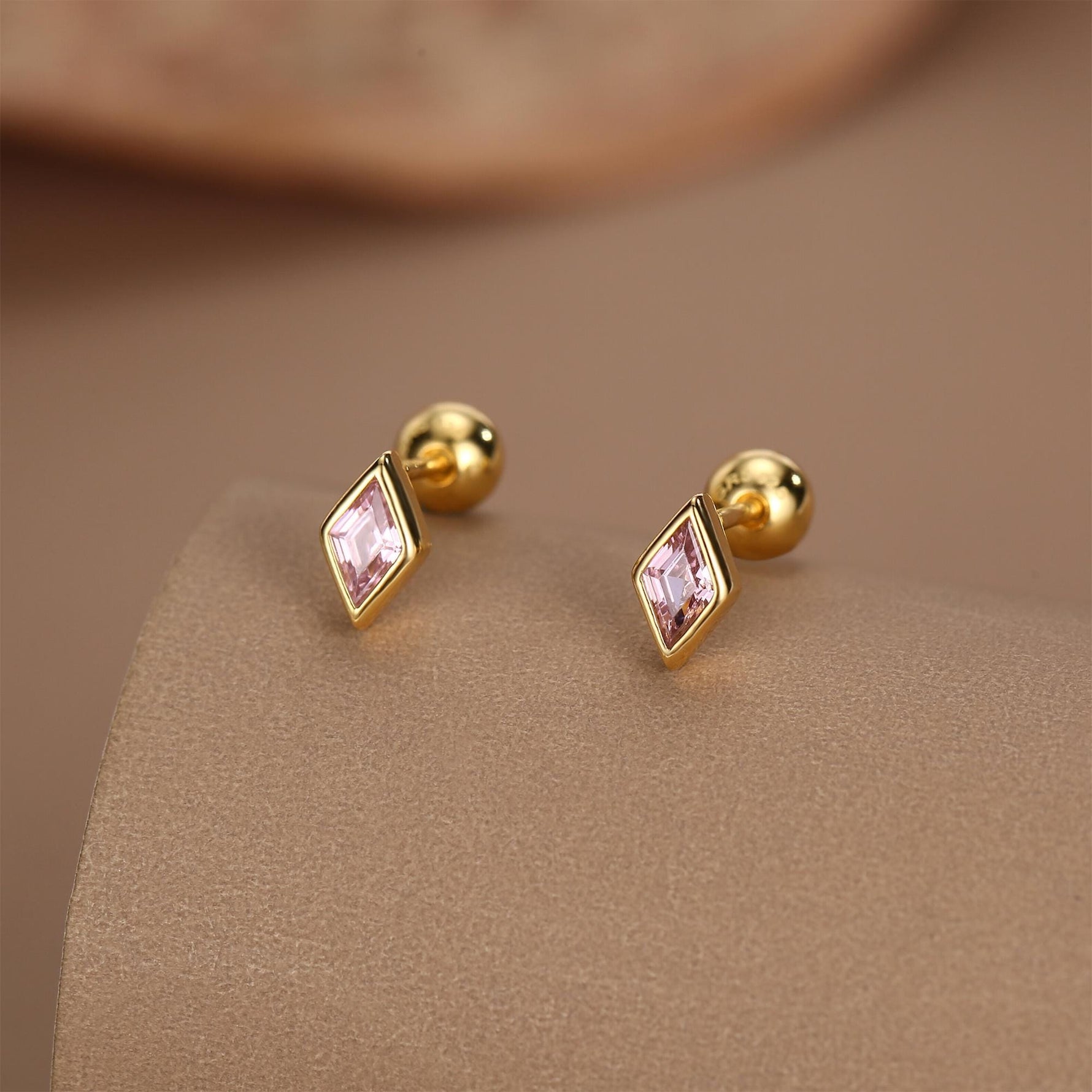 Sterling Silver Pink CZ 18G Screw Back Rhombus Stud Earrings with Ball Backs