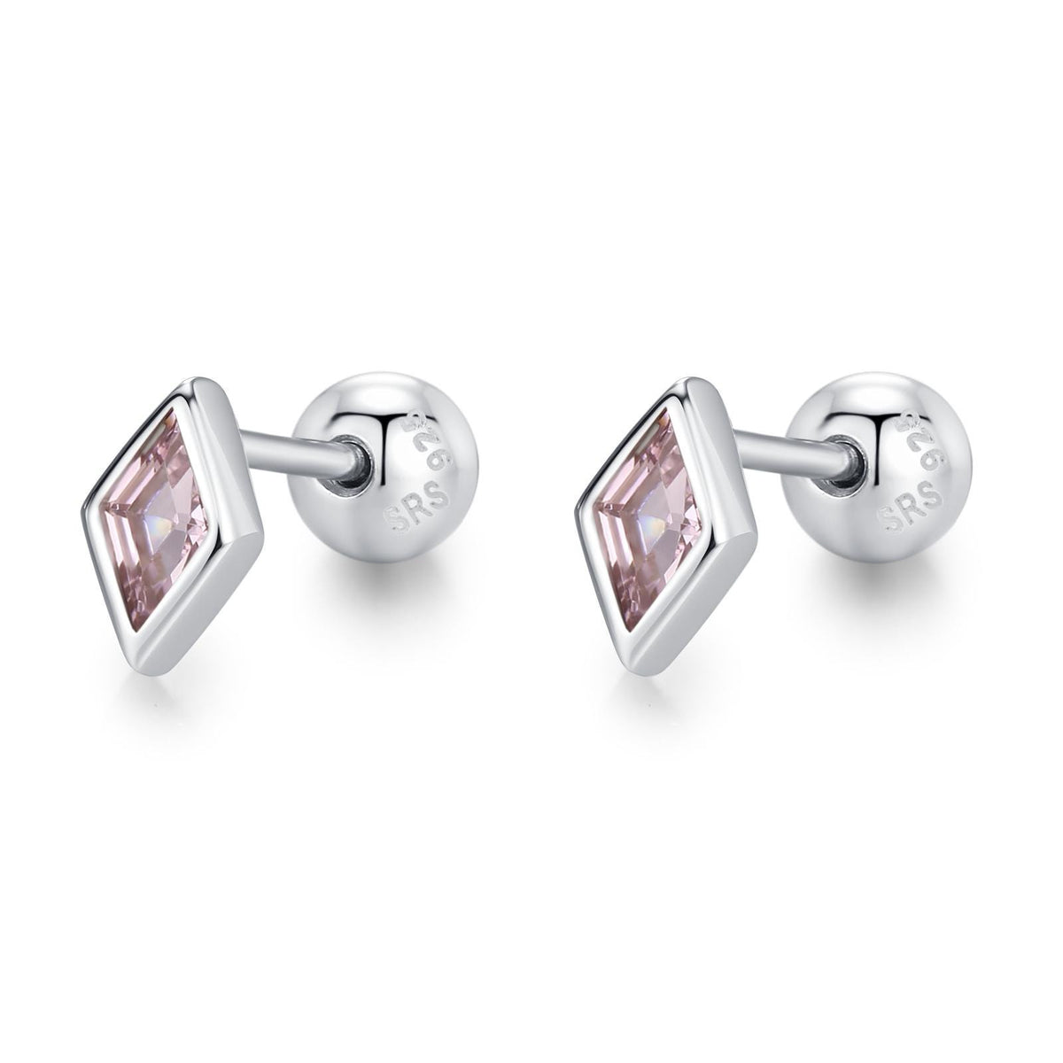 Sterling Silver Pink CZ 18G Screw Back Rhombus Stud Earrings with Ball Backs