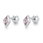 Sterling Silver Pink CZ 18G Screw Back Rhombus Stud Earrings with Ball Backs