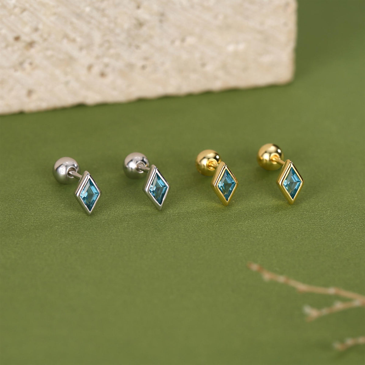 Sterling Silver Sky Blue CZ 18G Screw Back Rhombus Stud Earrings