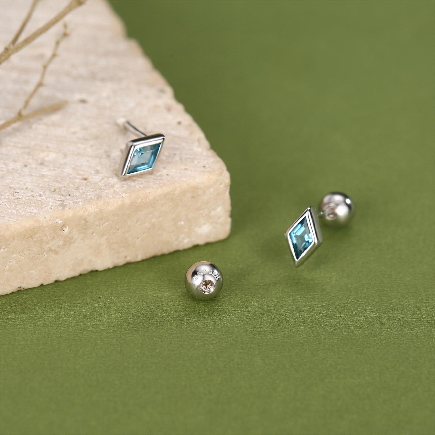 Sterling Silver Sky Blue CZ 18G Screw Back Rhombus Stud Earrings