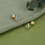 Sterling Silver Sky Blue CZ 18G Screw Back Rhombus Stud Earrings