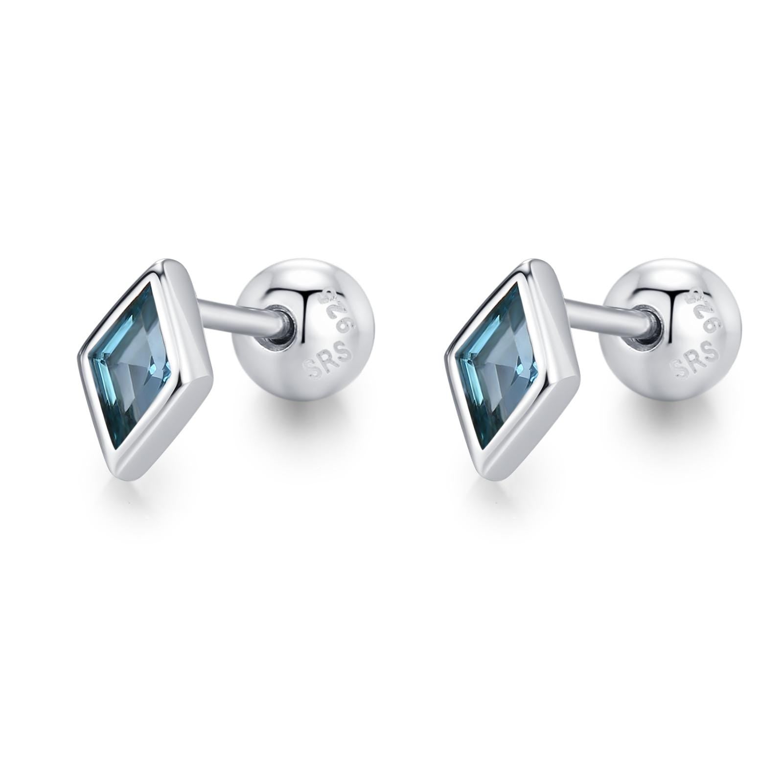 Sterling Silver Sky Blue CZ 18G Screw Back Rhombus Stud Earrings