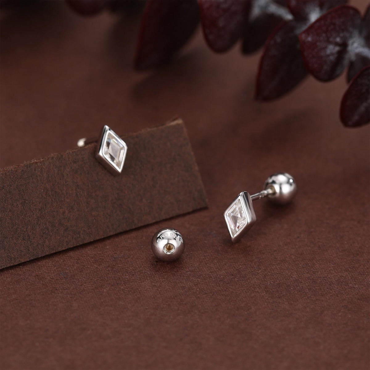 Sterling Silver Clear CZ 18G Screw Back Rhombus Stud Earrings