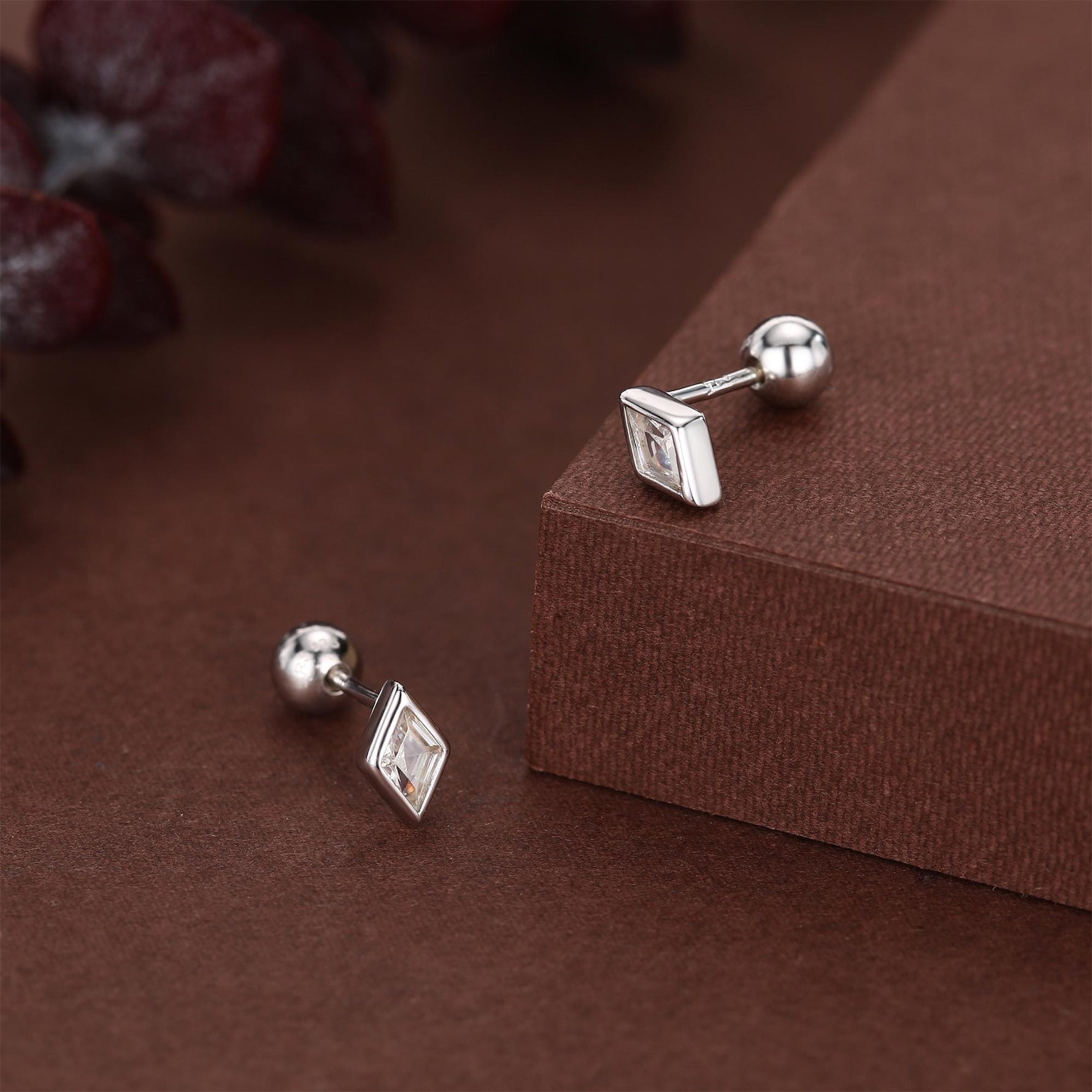 Sterling Silver Clear CZ 18G Screw Back Rhombus Stud Earrings