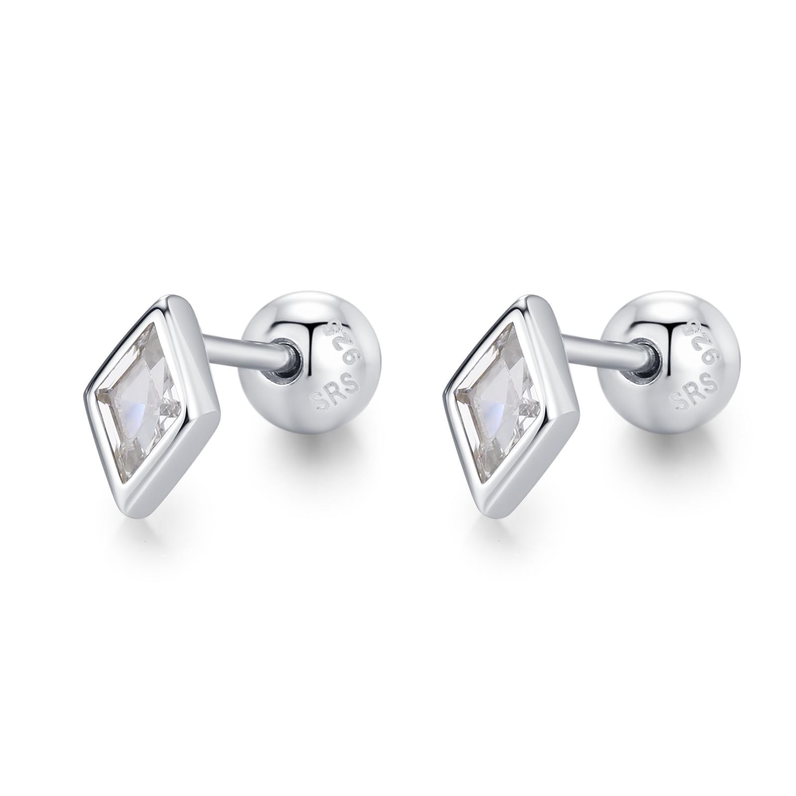Sterling Silver Clear CZ 18G Screw Back Rhombus Stud Earrings