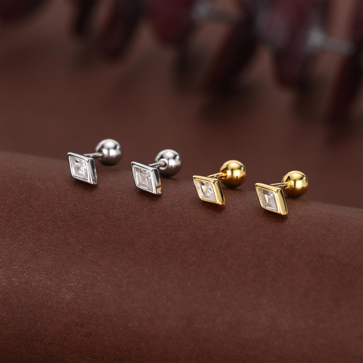 Sterling Silver Clear CZ 18G Screw Back Rhombus Stud Earrings
