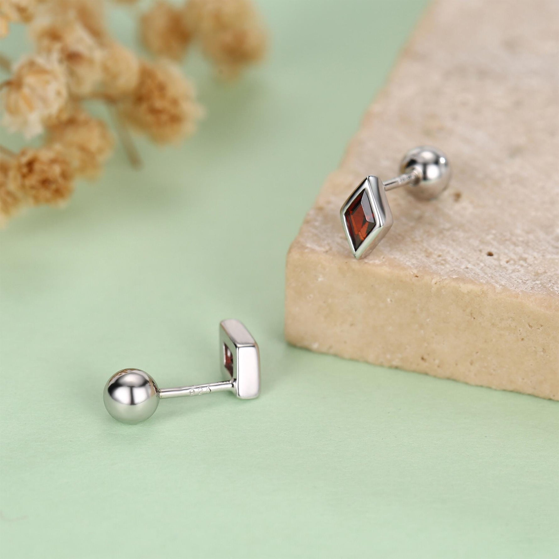 Sterling Silver Garnet Red CZ 18G Screw Back Rhombus Stud Earrings with Ball Backs