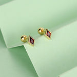 Sterling Silver Garnet Red CZ 18G Screw Back Rhombus Stud Earrings with Ball Backs
