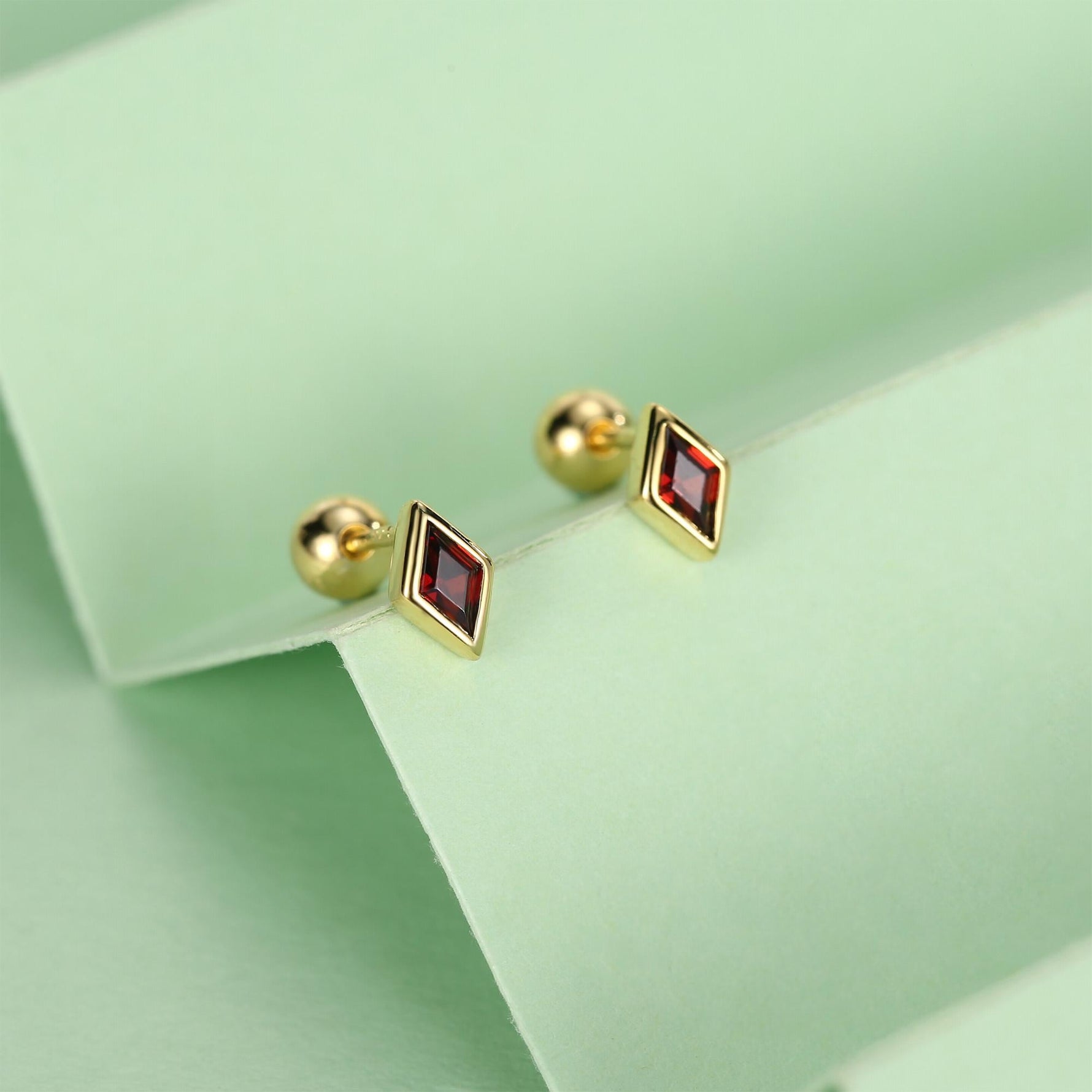 Sterling Silver Garnet Red CZ 18G Screw Back Rhombus Stud Earrings with Ball Backs
