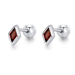 Sterling Silver Garnet Red CZ 18G Screw Back Rhombus Stud Earrings with Ball Backs