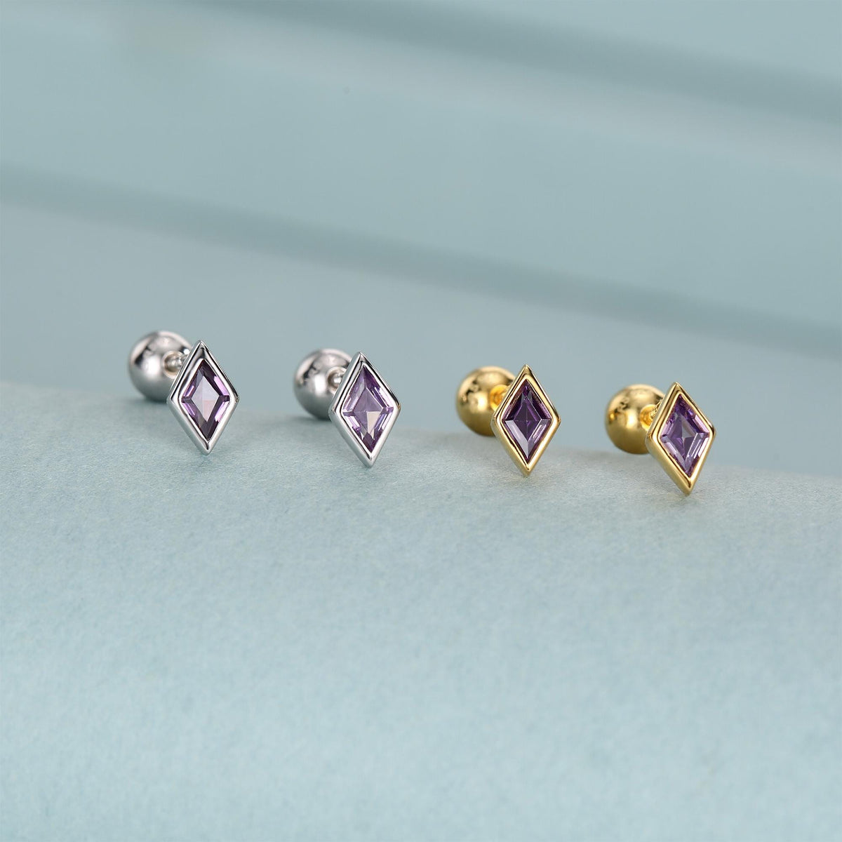 Sterling Silver Amethyst Purple CZ 18G Screw Back Rhombus Stud Earrings with Ball Backs